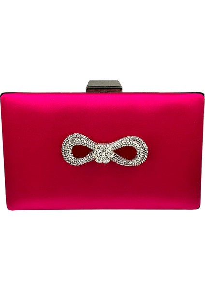 Fuşya Renk Saten Gümüş Kasalı Gümüş Taşlı Abiye Çanta Gece Çantası Düğün Nişan Portföy