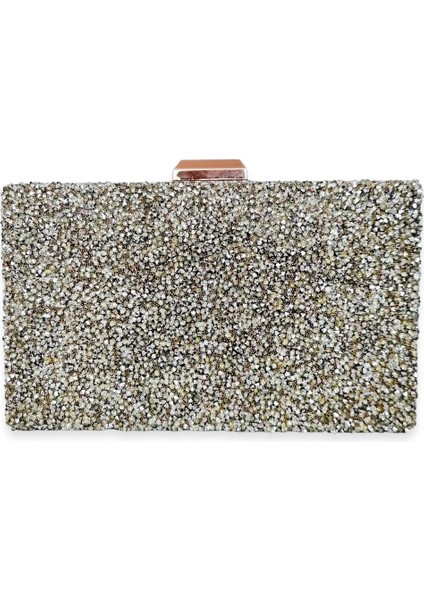 Light Gold Renk Taşlı Abiye Çanta Gece Çantası Nişan Düğün Çantası El Yapımı Çanta Zincirli Çanta