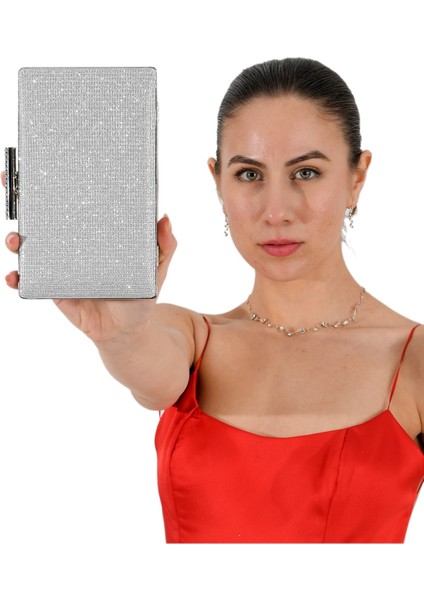 Gümüş Lame Renk Simli Abiye Çanta Gece Çantası Nişan Düğün Çantası