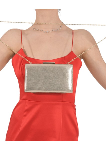 Rose Gold Renk Sıvama Saten Abiye Çanta Gece Çantası