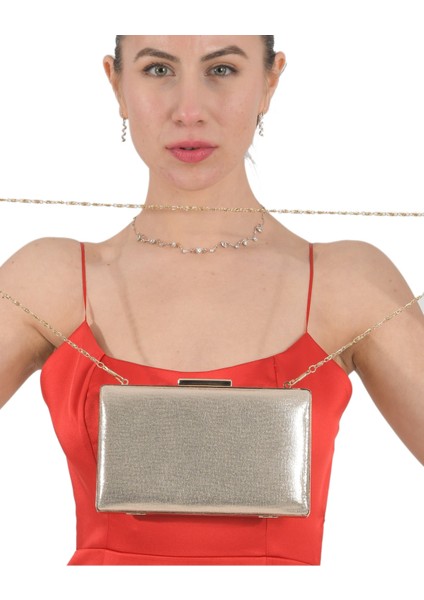 Rose Gold Renk Sıvama Saten Abiye Çanta Gece Çantası