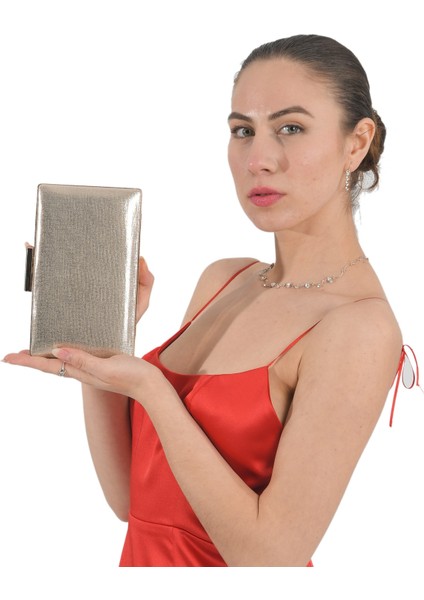 Rose Gold Renk Sıvama Saten Abiye Çanta Gece Çantası