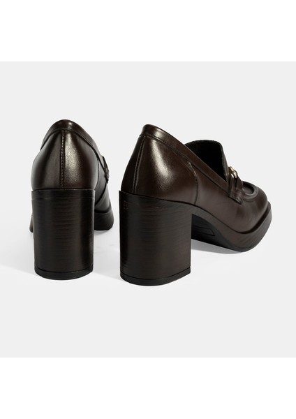 Kadın Kahve Metal Toka Detaylı Kalın Topuklu Loafer