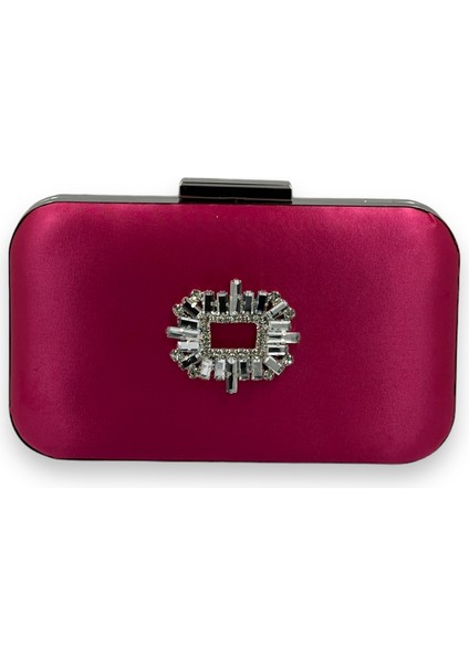 Fuşya Renk Saten Gümüş Kasalı Gümüş Taşlı Abiye Çanta Gece Çantası Düğün Nişan Portföy