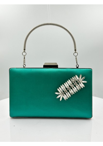 Yeşil Renk Saten Gümüş Kasalı Gümüş Taşlı Abiye Çanta Gece Çantası Düğün Nişan Portföy