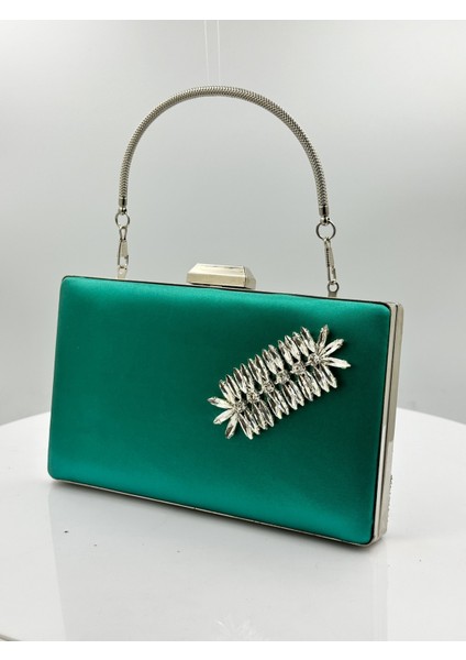 Yeşil Renk Saten Gümüş Kasalı Gümüş Taşlı Abiye Çanta Gece Çantası Düğün Nişan Portföy fiyatları