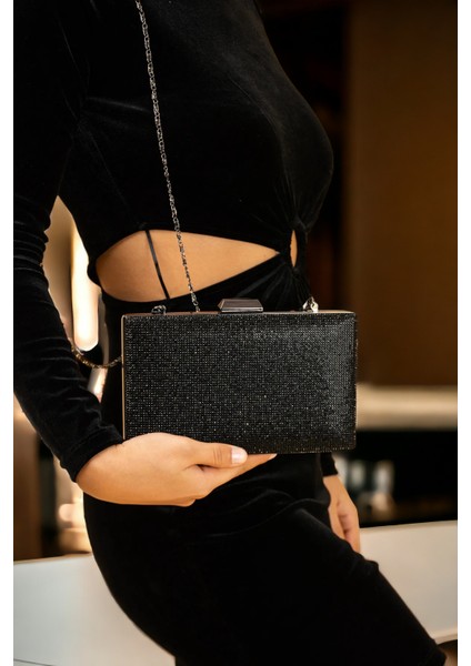 Siyah Renk Taşlı Abiye Çanta Gece Çantası Düğün Nişan Portföy