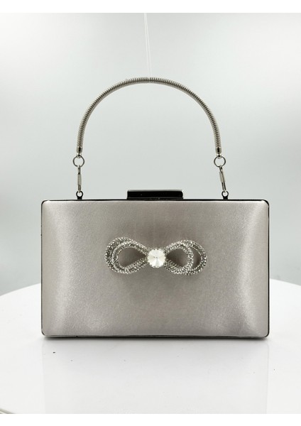 Vizon Renk Saten Gümüş Kasalı Gümüş Taşlı Abiye Çanta Gece Çantası Düğün Nişan Portföy