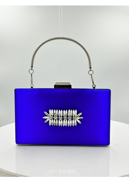 Saks Mavisi Renk Saten Gümüş Kasalı Gümüş Taşlı Abiye Çanta Gece Çantası Düğün Nişan Portföy