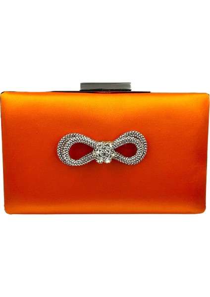 Turuncu Renk Saten Gümüş Kasalı Gümüş Taşlı Abiye Çanta Gece Çantası Düğün Nişan Portföy