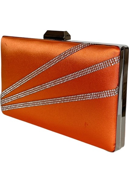 Turuncu Renk Saten Gümüş Kasalı Gümüş Taşlı Abiye Çanta Gece Çantası Düğün Nişan Portföy indirimleri