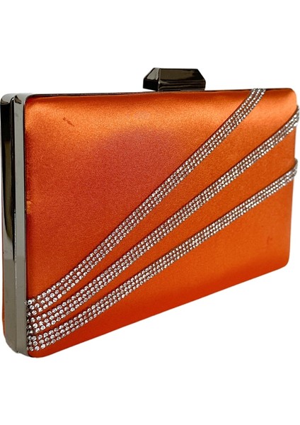 Turuncu Renk Saten Gümüş Kasalı Gümüş Taşlı Abiye Çanta Gece Çantası Düğün Nişan Portföy