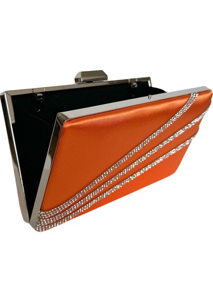 Turuncu Renk Saten Gümüş Kasalı Gümüş Taşlı Abiye Çanta Gece Çantası Düğün Nişan Portföy