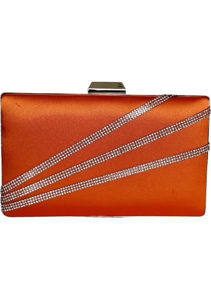 Turuncu Renk Saten Gümüş Kasalı Gümüş Taşlı Abiye Çanta Gece Çantası Düğün Nişan Portföy