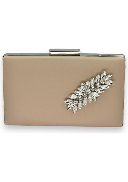 Vizon Renk Çizilmeyen Saten Gümüş Taşlı Abiye Çanta Düğün Nişan Çantası