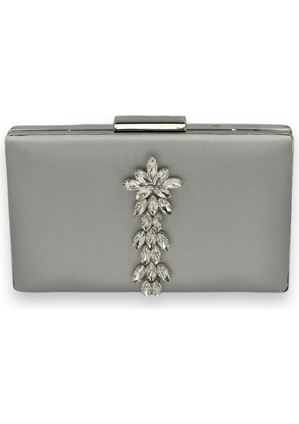 Gümüş Gri Lame Renk Çizilmeyen Saten Gümüş Taşlı Abiye Çanta Düğün Nişan Çantası