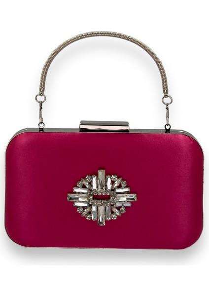 Fuşya Renk Saten Gümüş Kasalı Gümüş Taşlı Kulplu Saplı Abiye Gece Çantası Düğün Portföy