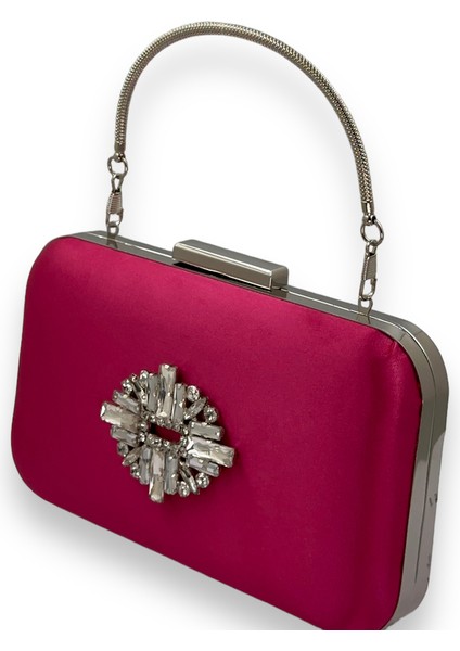 Fuşya Renk Saten Gümüş Kasalı Gümüş Taşlı Kulplu Saplı Abiye Gece Çantası Düğün Portföy fiyatları
