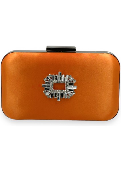 Turuncu Renk Saten Gümüş Kasalı Gümüş Taşlı Abiye Çanta Gece Çantası Düğün Nişan Portföy