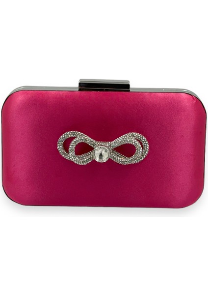 Fuşya Renk Saten Gümüş Kasalı Gümüş Taşlı Abiye Çanta Gece Çantası Düğün Nişan Portföy