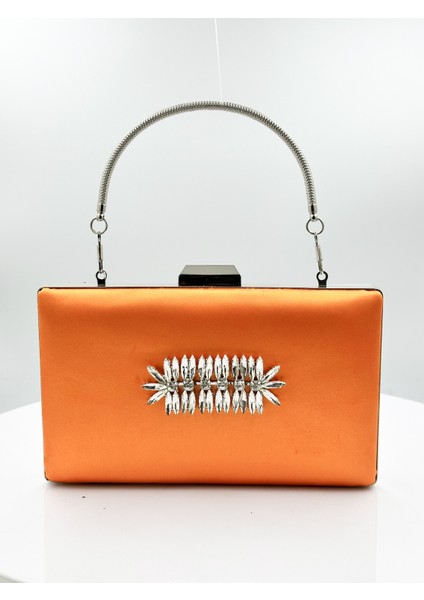 Turuncu Renk Saten Gümüş Kasalı Gümüş Taşlı Abiye Çanta Gece Çantası Düğün Nişan Portföy