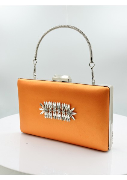 Turuncu Renk Saten Gümüş Kasalı Gümüş Taşlı Abiye Çanta Gece Çantası Düğün Nişan Portföy fiyatları
