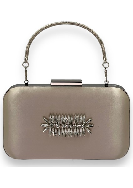 Vizon Renk Saten Gümüş Kasalı Gümüş Taşlı Kulplu Saplı Abiye Gece Çantası Düğün Portföy