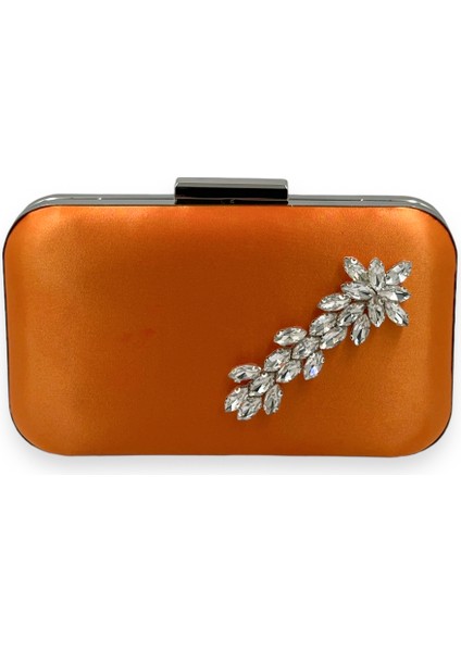 Turuncu Renk Saten Gümüş Kasalı Gümüş Taşlı Abiye Çanta Gece Çantası Düğün Nişan Portföy