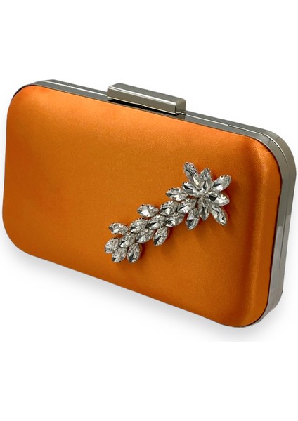 Turuncu Renk Saten Gümüş Kasalı Gümüş Taşlı Abiye Çanta Gece Çantası Düğün Nişan Portföy fiyatları