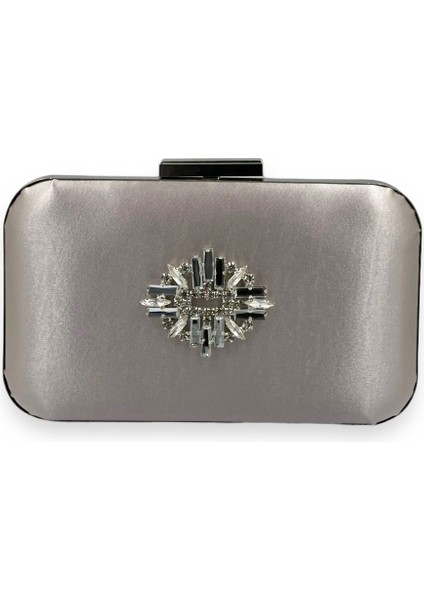 Vizon Renk Saten Gümüş Kasalı Gümüş Taşlı Abiye Çanta Gece Çantası Düğün Nişan Portföy