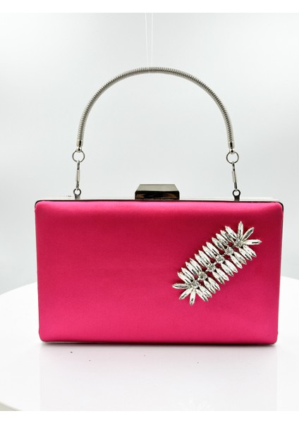 Fuşya Renk Saten Gümüş Kasalı Gümüş Taşlı Abiye Çanta Gece Çantası Düğün Nişan Portföy