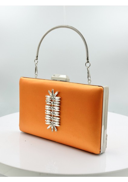 Turuncu Renk Saten Gümüş Kasalı Gümüş Taşlı Abiye Çanta Gece Çantası Düğün Nişan Portföy fiyatları