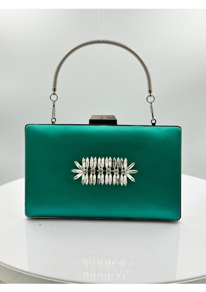Yeşil Renk Saten Gümüş Kasalı Gümüş Taşlı Abiye Çanta Gece Çantası Düğün Nişan Portföy