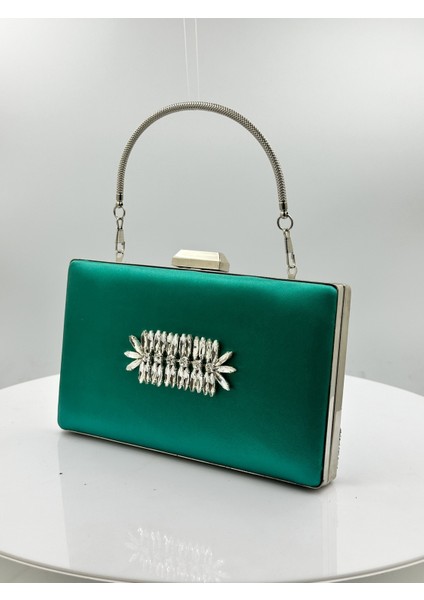 Yeşil Renk Saten Gümüş Kasalı Gümüş Taşlı Abiye Çanta Gece Çantası Düğün Nişan Portföy fiyatları