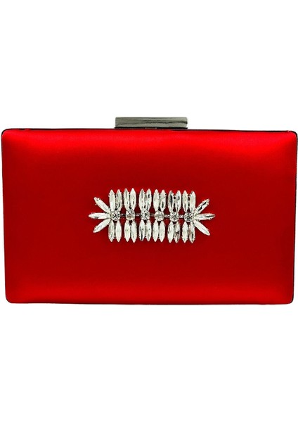Kırmızı Renk Saten Gümüş Kasalı Gümüş Taşlı Abiye Çanta Gece Çantası Düğün Nişan Portföy