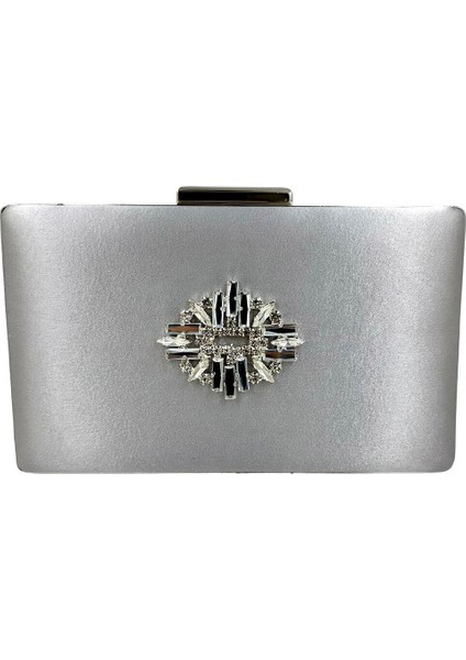 Gümüş Gri Renk Saten Gümüş Kasalı Gümüş Taşlı Abiye Çanta Gece Çantası Düğün Nişan Portföy