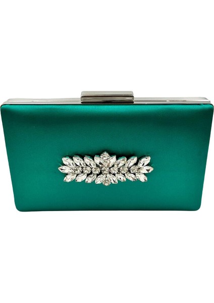 Yeşil Renk Saten Gümüş Kasalı Gümüş Taşlı Abiye Çanta Gece Çantası Düğün Nişan Portföy