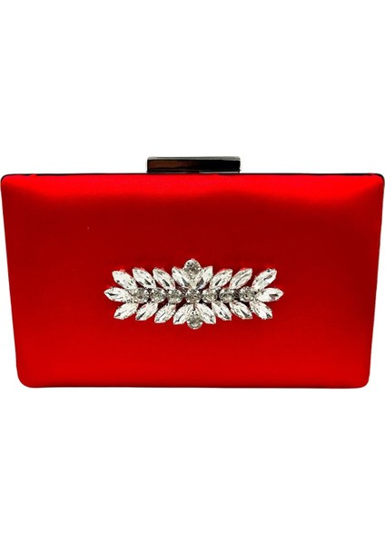 Kırmızı Renk Saten Gümüş Kasalı Gümüş Taşlı Abiye Çanta Gece Çantası Düğün Nişan Portföy