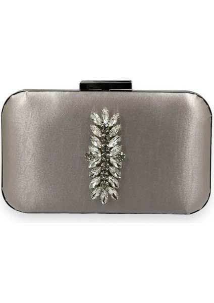 Vizon Renk Saten Gümüş Kasalı Gümüş Taşlı Abiye Çanta Gece Çantası Düğün Nişan Portföy