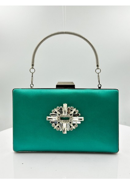 Yeşil Renk Saten Gümüş Kasalı Gümüş Taşlı Abiye Çanta Gece Çantası Düğün Nişan Portföy