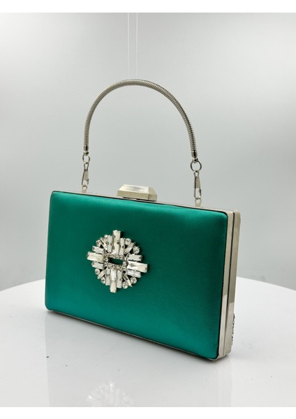 Yeşil Renk Saten Gümüş Kasalı Gümüş Taşlı Abiye Çanta Gece Çantası Düğün Nişan Portföy fiyatları