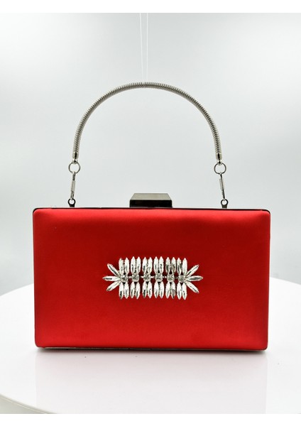 Kırmızı Renk Saten Gümüş Kasalı Gümüş Taşlı Abiye Çanta Gece Çantası Düğün Nişan Portföy