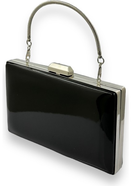 Siyah Rugan Gümüş Detaylı Metal Saplı Abiye Gece Çantası Düğün Nişan Mezuniyet Çantası fiyatları