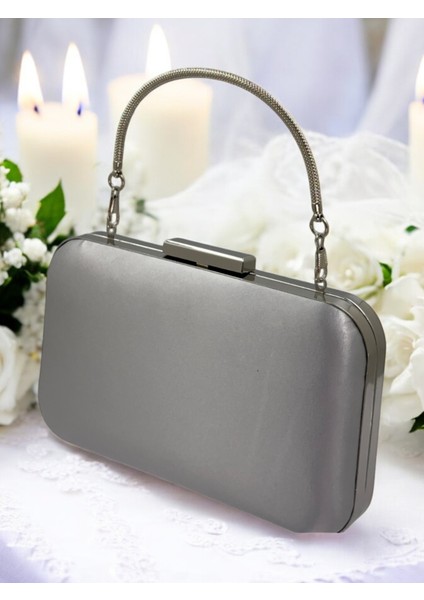 Vizon Renk Saten Gümüş Kasalı Metal Saplı Kulplu Abiye Çanta Gece Çantası Düğün Nişan Portföy