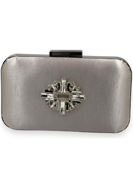 Vizon Renk Saten Gümüş Kasalı Gümüş Taşlı Abiye Çanta Gece Çantası Düğün Nişan Portföy