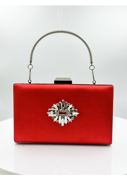 Kırmızı Renk Saten Gümüş Kasalı Gümüş Taşlı Abiye Çanta Gece Çantası Düğün Nişan Portföy