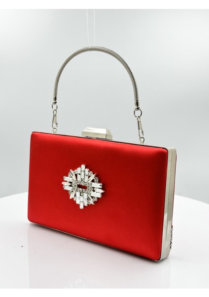 Kırmızı Renk Saten Gümüş Kasalı Gümüş Taşlı Abiye Çanta Gece Çantası Düğün Nişan Portföy fiyatları
