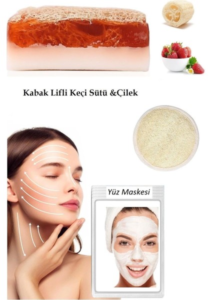 3'lü Set Kabak Lifli Yüz Pedi Kabak Lifli Keçi Sütlü Çilekli Sabun Canlandırıcı Cilt Bakım Yüz Maske