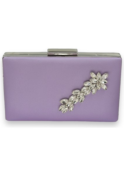 Lila Renk Çizilmeyen Saten Gümüş Taşlı Abiye Çanta Düğün Nişan Çantası