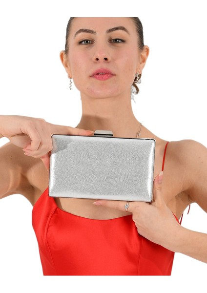 Gümüş Lame Renk Sıvama Saten Abiye Çanta Gece Çantası Düğün Çantası